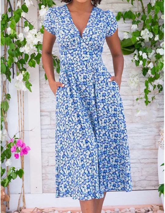 Damen Maxi-Kleid mit floralen Mustern und Taschen R&B