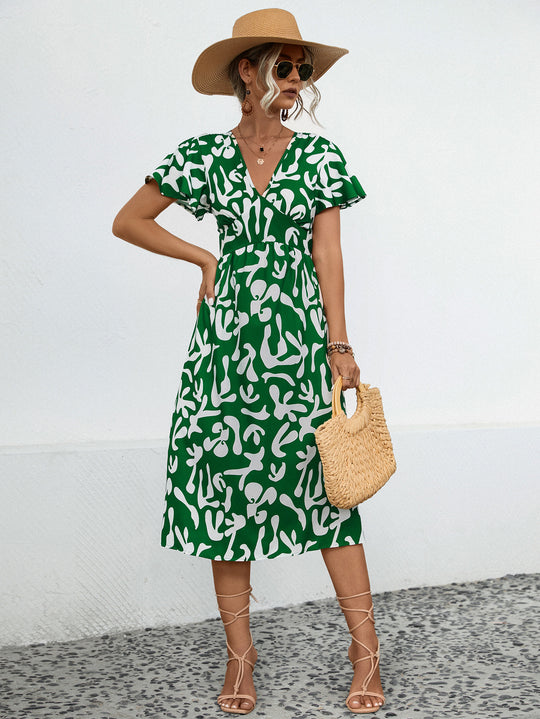 Damen Midi-Kleid mit V-Ausschnitt und fließenden Rüschendetails R&B