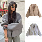 Damen nan oversized V-Neck Kurzjacke aus Wollmix mit Raglanärmeln und aufgesetzten Taschen R&B