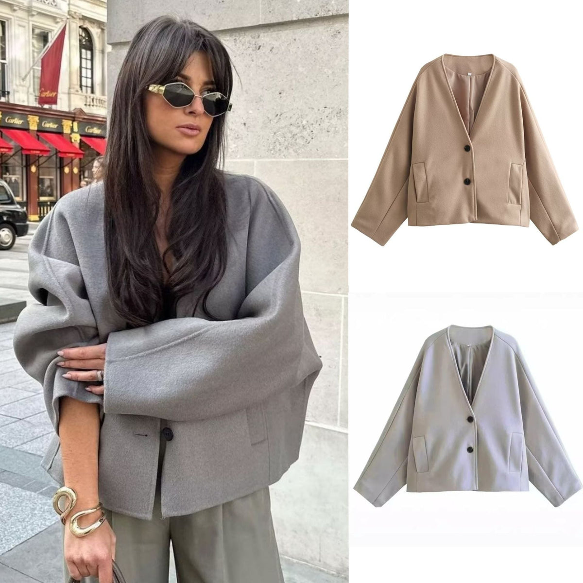 Damen nan oversized V-Neck Kurzjacke aus Wollmix mit Raglanärmeln und aufgesetzten Taschen R&B