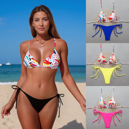 Damen Triangel-Bikini mit buntem Fruchtmuster und verstellbaren Bändern R&B
