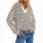 Damen Lässiges gestreiftes Sweatshirt mit V-Ausschnitt und langen Ärmeln R&B