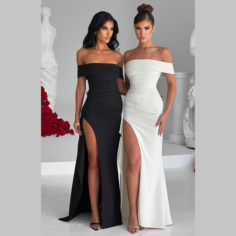 Damen elegantes schulterfreies Wickelkleid mit hohem Schlitz R&B