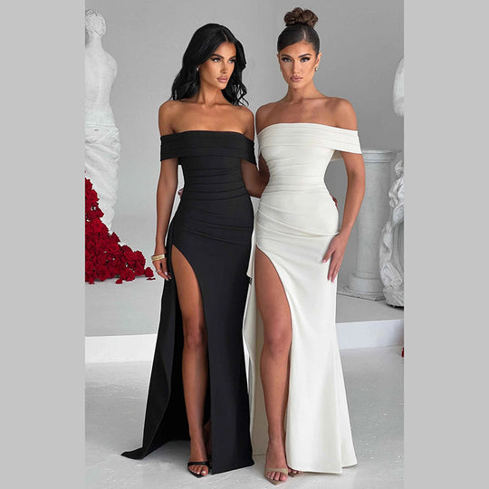 Damen elegantes schulterfreies Wickelkleid mit hohem Schlitz R&B