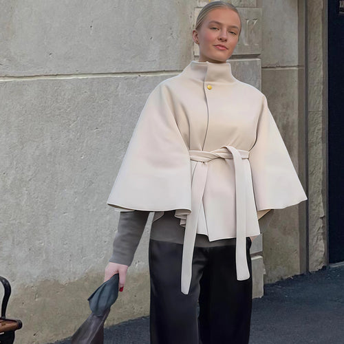 Damen Kapuzenjacke mit Wickelgürtel und elegantem Stehkragen R&B