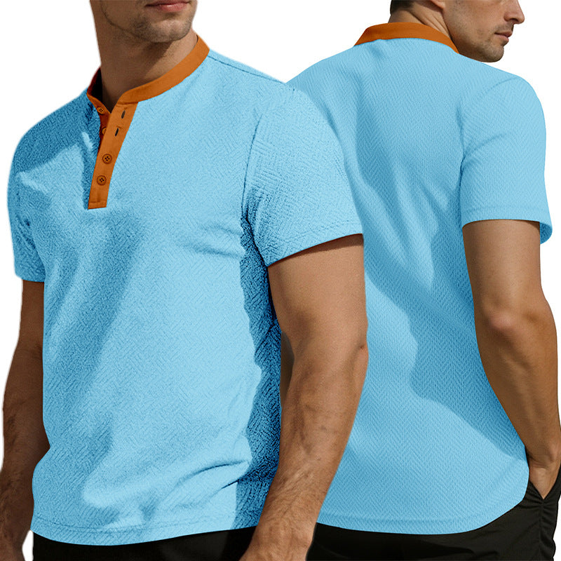 Herren nan schlankes Kurzarm-Henley-Poloshirt mit Mandarin-Kragen und feiner Jacquardstruktur R&B