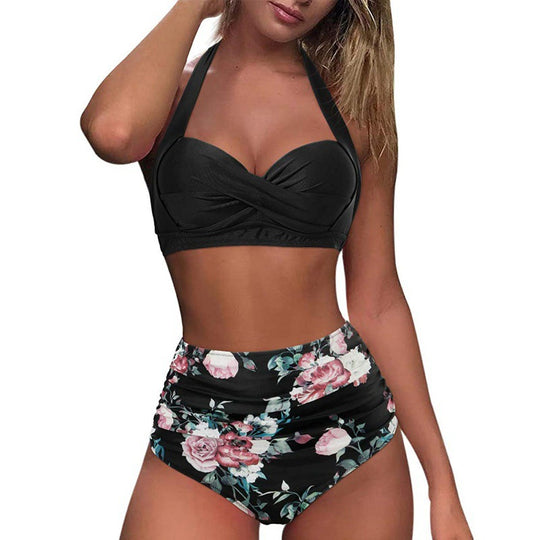 Damen Hochtaillierter Karobikini mit gerafftem Oberteil R&B