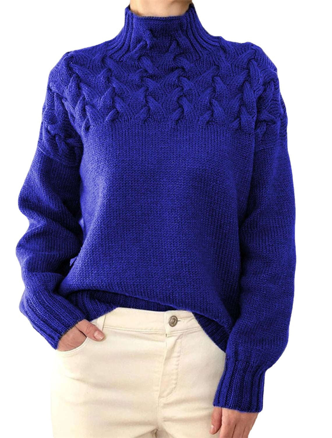Damen Grobstrickpullover mit Stehkragen und Zopfmuster R&B