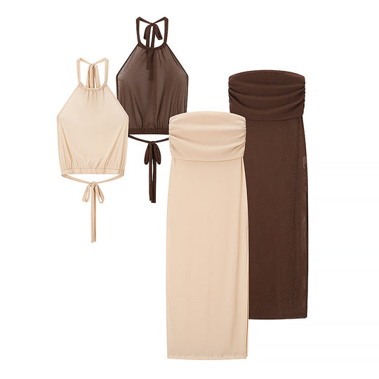 Damen Set aus eleganter Crop-Top und figurbetontem Rock mit Raffungen R&B