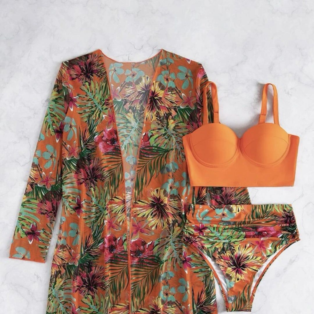 Damen Bikiniset mit floralem Überwurf R&B