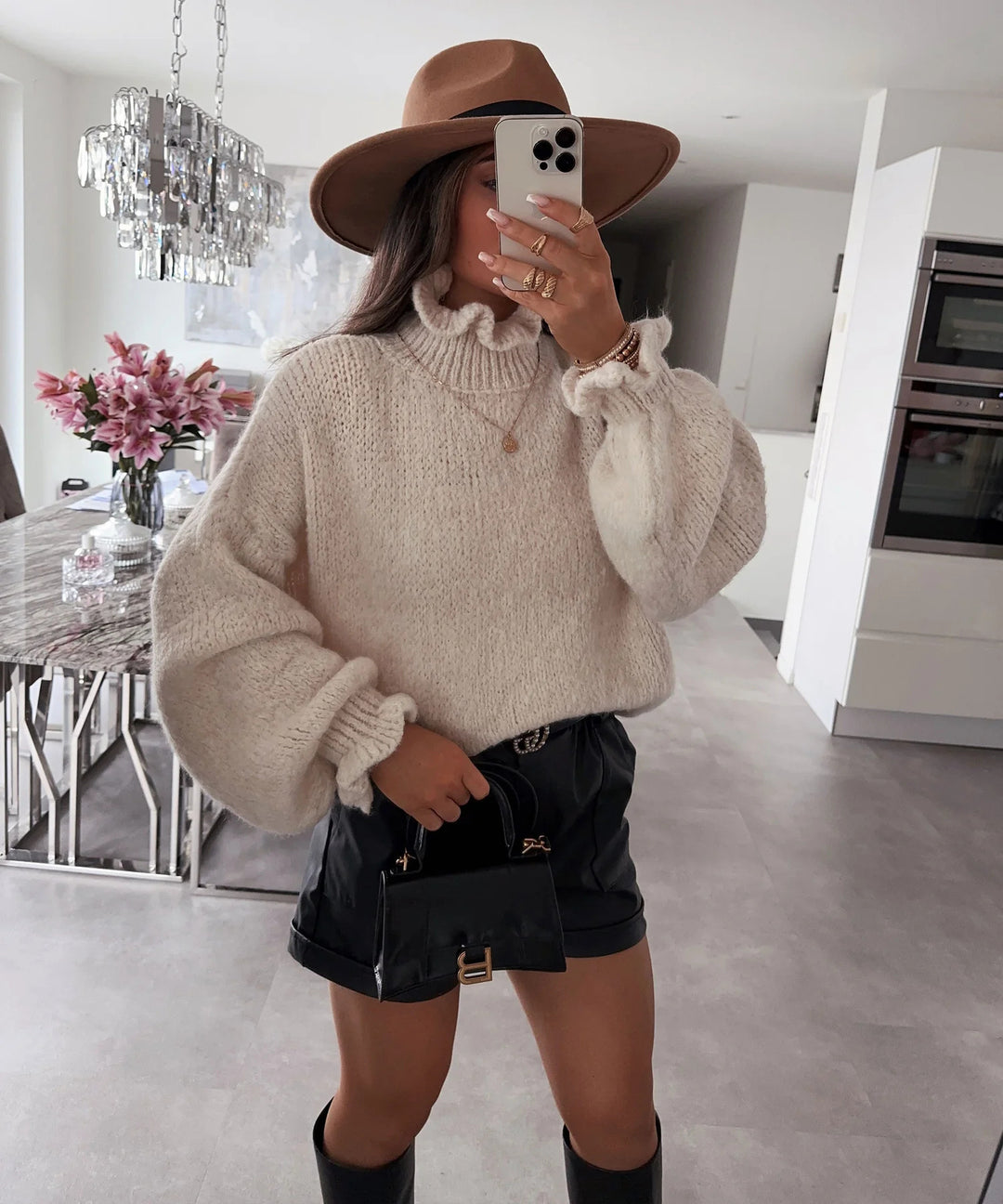 Damen kuscheliger Rollkragenpullover mit weiten Ärmeln und strukturellem Design R&B
