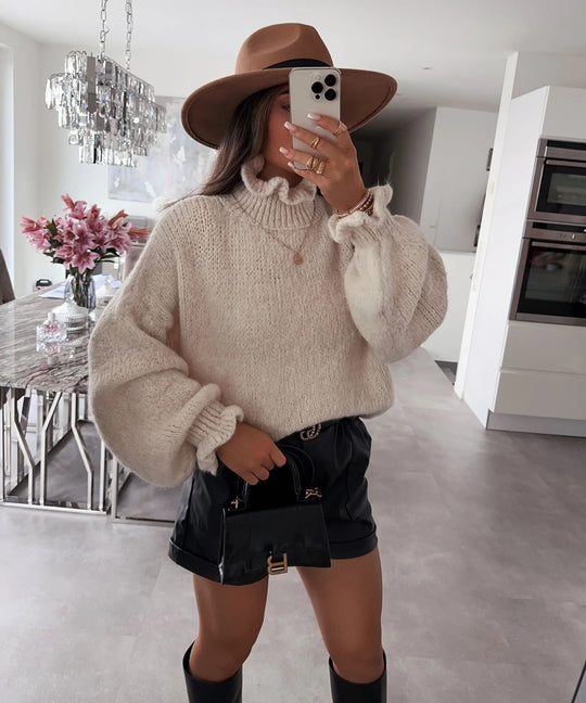 Damen kuscheliger Rollkragenpullover mit weiten Ärmeln und strukturellem Design R&B