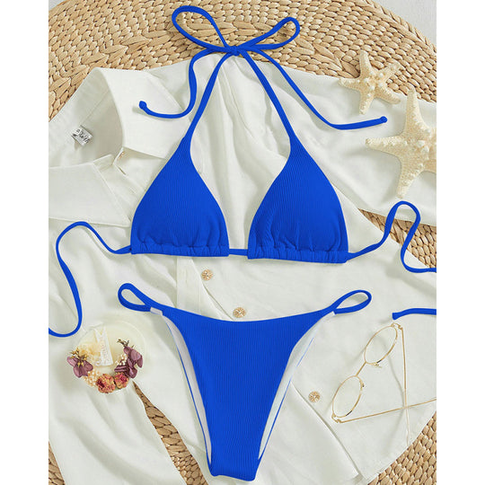 Damen Triangel-Bikini-Set mit verstellbaren Schnüren und feinem Strukturmuster R&B