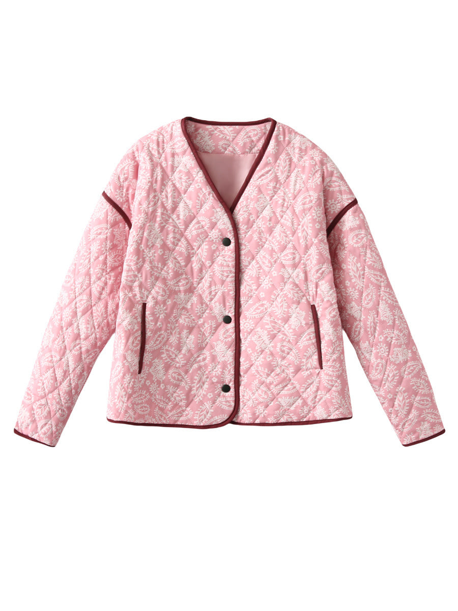Damen gesteppte Herbstjacke mit einzigartigem floralen Muster und praktischen Taschen R&B