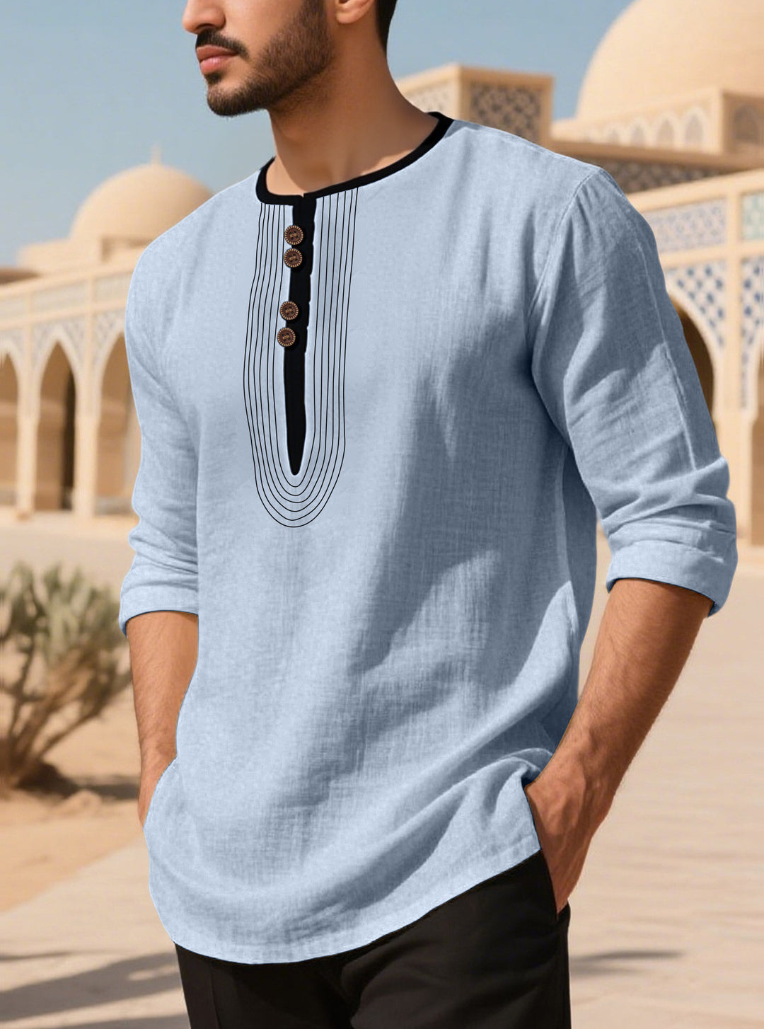 Herren nan lässiges Leinenmix-Langarmshirt mit dekorativer Knopfleiste und Ziersteppung R&B