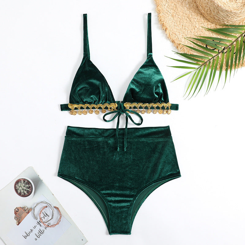 Damen Triangel-Bikini mit luxuriösem Samtstoff und glamourösen Verzierungen R&B