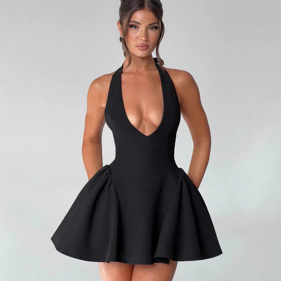 Damen Verspieltes Cocktailkleid mit tiefem V-Ausschnitt und schwingendem Rock R&B