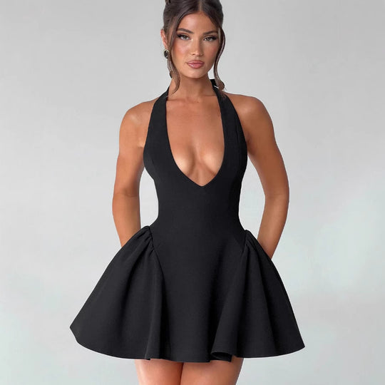 Damen Verspieltes Cocktailkleid mit tiefem V-Ausschnitt und schwingendem Rock R&B