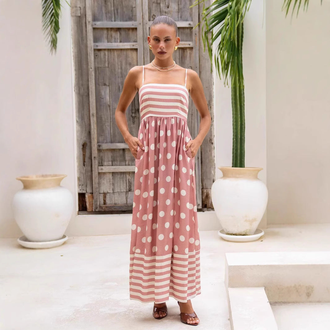 Damen Maxikleid mit gerafftem Oberteil und verspieltem Punkt- und Streifenmuster R&B