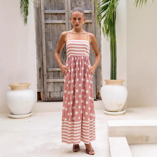 Damen Maxikleid mit gerafftem Oberteil und verspieltem Punkt- und Streifenmuster R&B