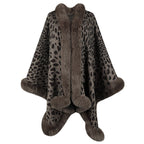Damen kuscheliger Poncho mit luxuriösem Kunstfellbesatz und Leopardenmuster