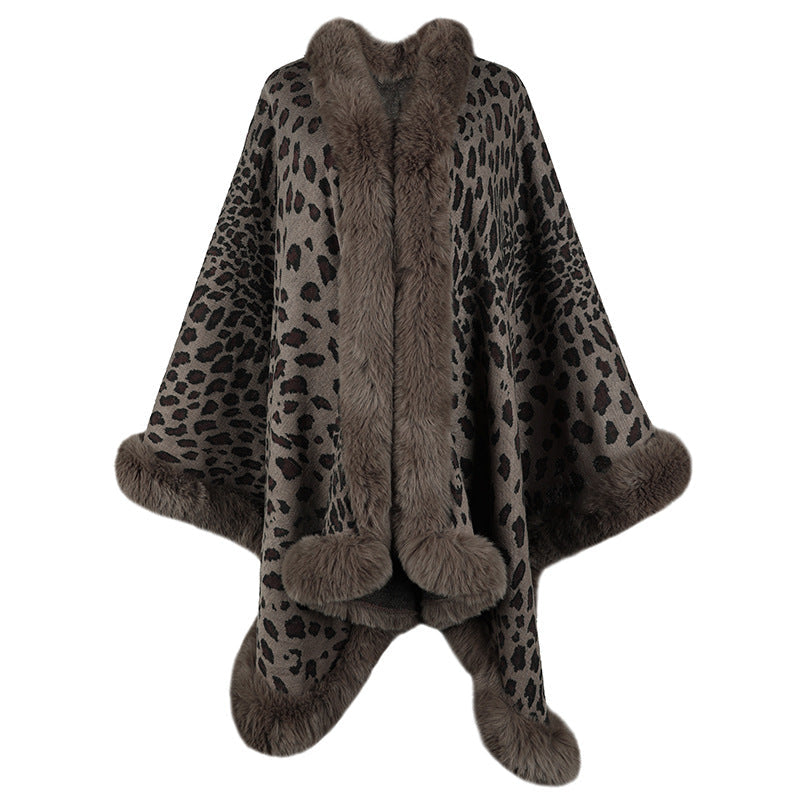 Damen kuscheliger Poncho mit luxuriösem Kunstfellbesatz und Leopardenmuster