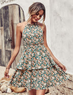 Damen Sommerkleid mit hohem Kragen und fließendem Volant R&B