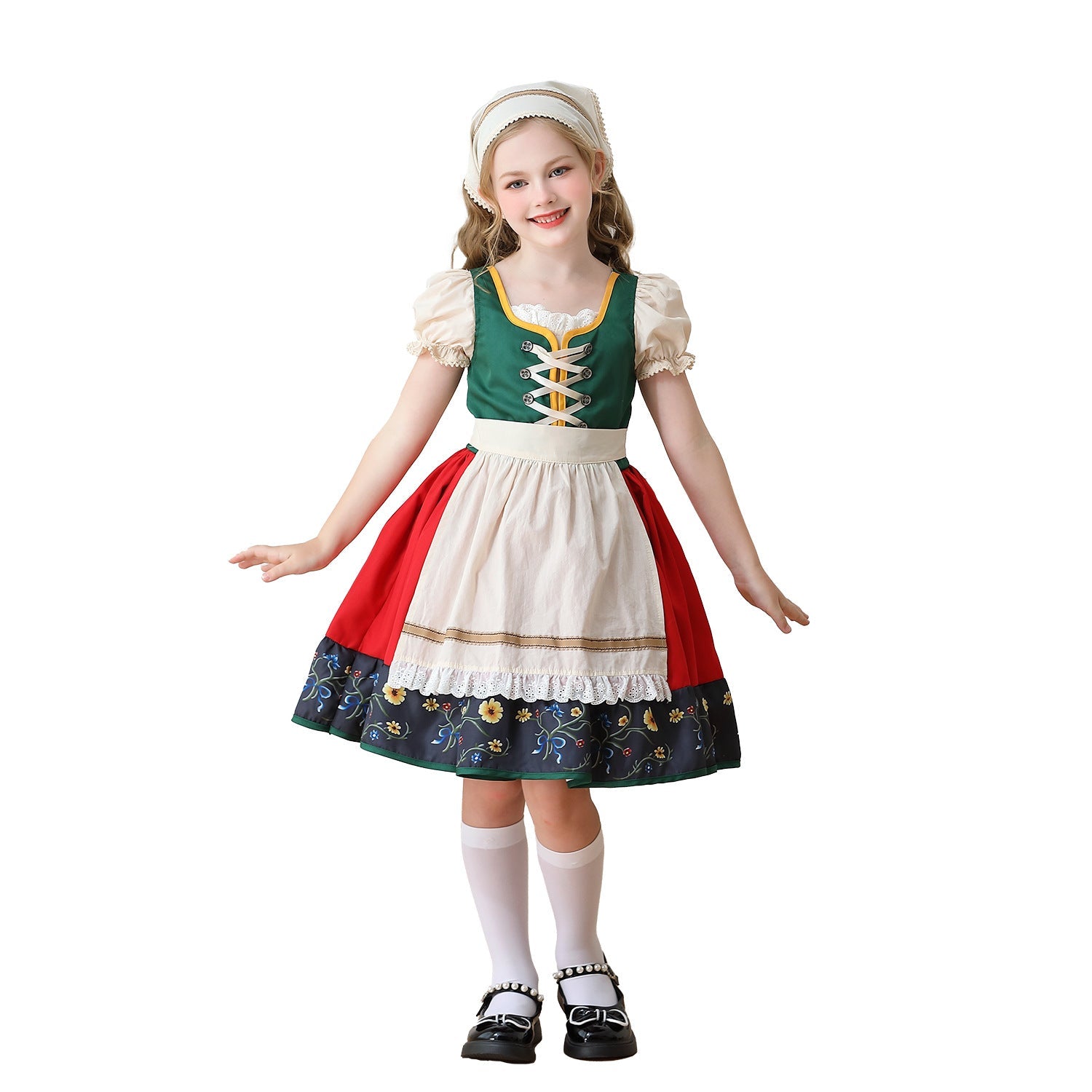 Damen nan traditionelles Kinderdirndl Kleid mit dekorativer Schnürung Schürze und Spitzenkopftuch R&B