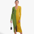 Damen Knopf-Design Maxikleid mit tiefem V-Ausschnitt und Rippstruktur R&B