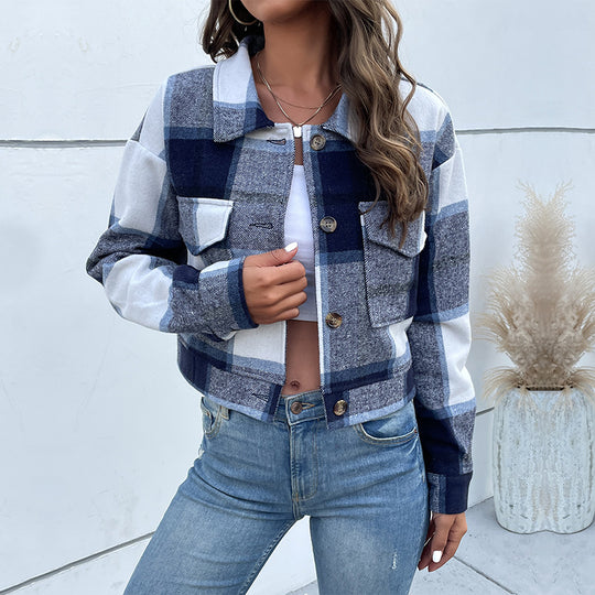 Damen Karierte Baumwolljacke mit modischem Schnitt und Taschen R&B