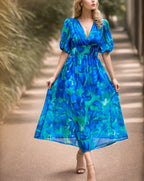 Damen Maxikleid mit voluminösen Puffärmeln und fließendem Rock R&B