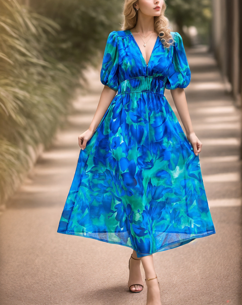 Damen Maxikleid mit voluminösen Puffärmeln und fließendem Rock R&B