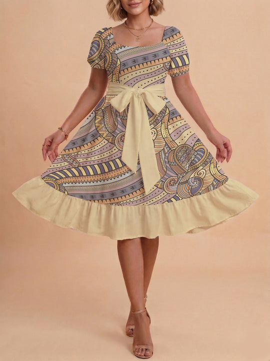 Damen elegantes Maxikleid mit floralem Design und Taillengürtel R&B