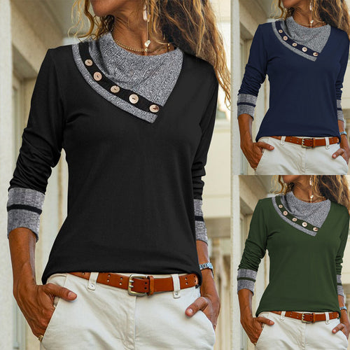 Damen modisches Longsleeve-T-Shirt mit Kragen und Knöpfen R&B
