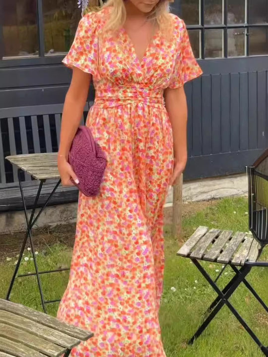 Damen Maxikleid mit floraler Raffung und V-Ausschnitt R&B