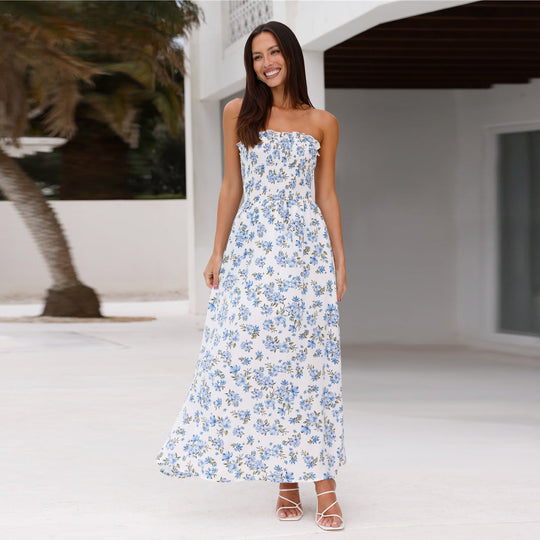 Damen Maxikleid mit schulterfreiem Design und verspieltem Blumenmuster R&B
