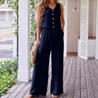 Damen Jumpsuit mit Knopf und weitem Bein R&B