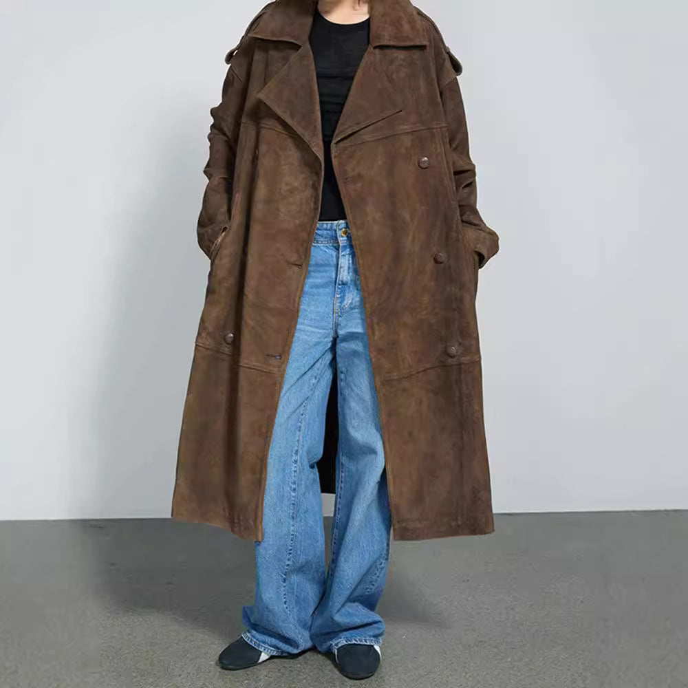 Damen Eleganter Suede-Trenchcoat mit großzügigem Schnitt R&B