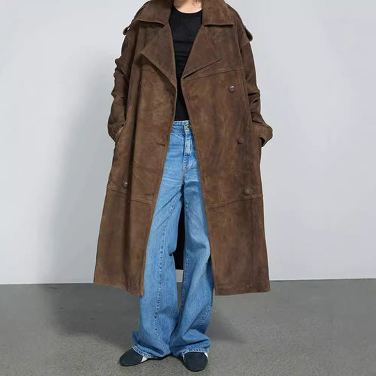 Damen Eleganter Suede-Trenchcoat mit großzügigem Schnitt R&B