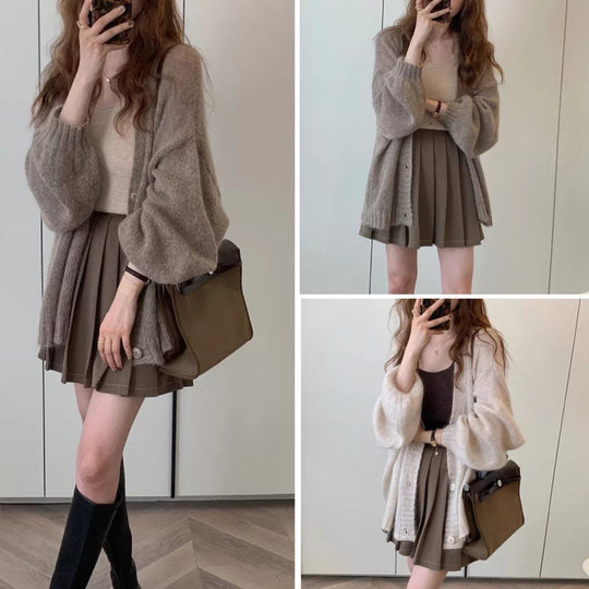 Damen gemütliche Strickjacke mit voluminösen Ärmeln R&B