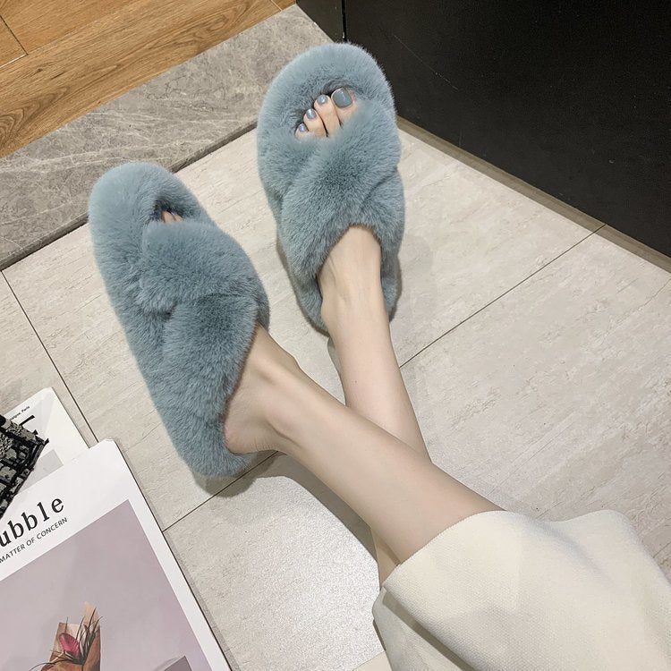 Damen Flauschige Hausschlappen mit gewendeten Riemen und ergonomischem Fußbett R&B