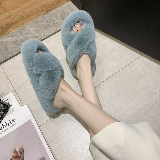 Damen Flauschige Hausschlappen mit gewendeten Riemen und ergonomischem Fußbett R&B