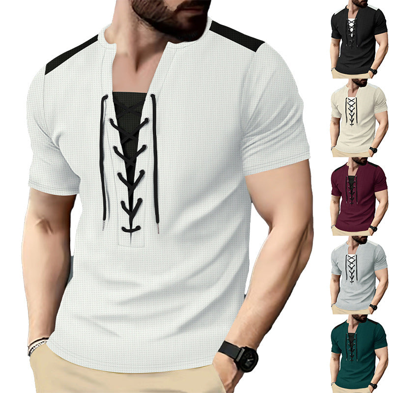 Herren Kurzarm-Henley-T-Shirt mit dekorativen Schnürdetails und atmungsaktiver Struktur R&B