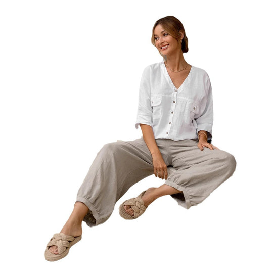 Damen Lässige Leinenbluse mit Knopfdetails und lockerer Passform R&B