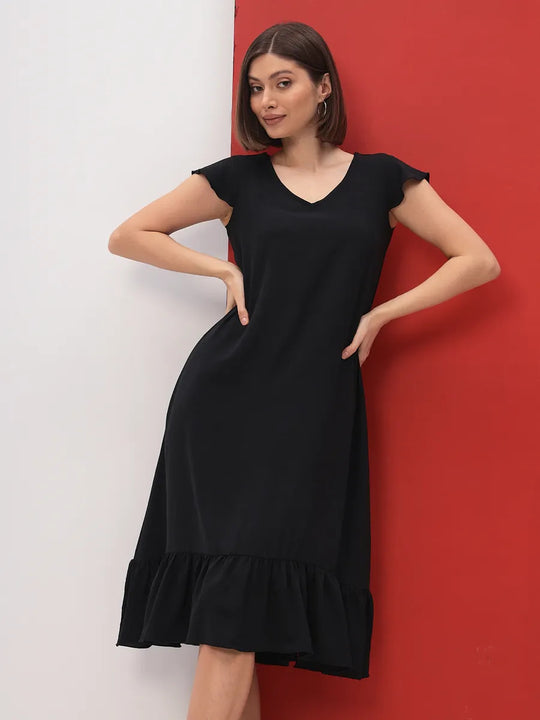 Damen Midi-Kleid mit modischem V-Ausschnitt und Rüschensaum R&B