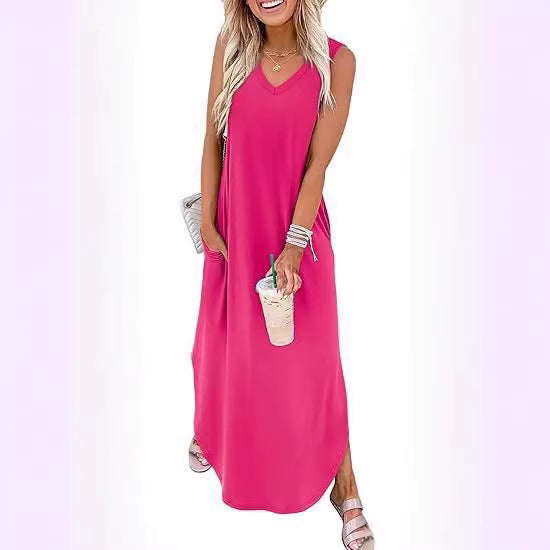 Damen Maxi-Kleid mit modernem V-Ausschnitt und praktischem Taschendesign R&B