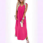 Damen Maxi-Kleid mit modernem V-Ausschnitt und praktischem Taschendesign R&B