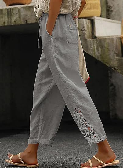 Damen luftige Leinenhose mit dekorativen Stickereien R&B