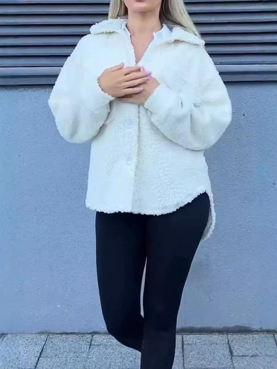 Damen Teddyjacke mit modischen Taschen und Knopfverschluss R&B