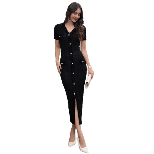 Damen elegantes Wickelkleid mit Taschen und Knopfdetails R&B